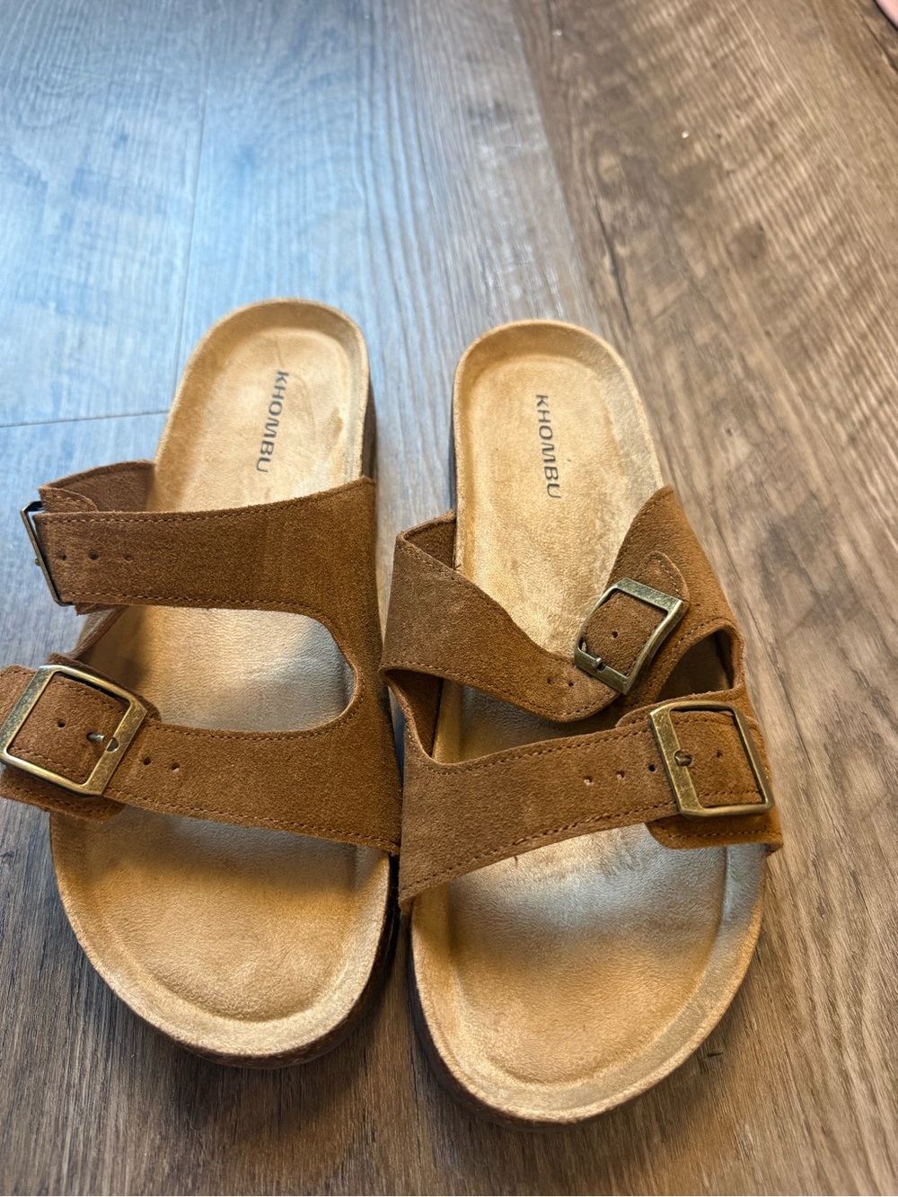Khombu Brown Suede Double Buckle Slide Sandals Women’s Size 10 - Picture 2 of 5